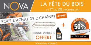 offre nova Du 1er au 20 Novembre 1 chaîne de tronçonneuse STIHL achetée la 2ème à -50% et un bidon de 1 litre d’huile STIHL OFFERT