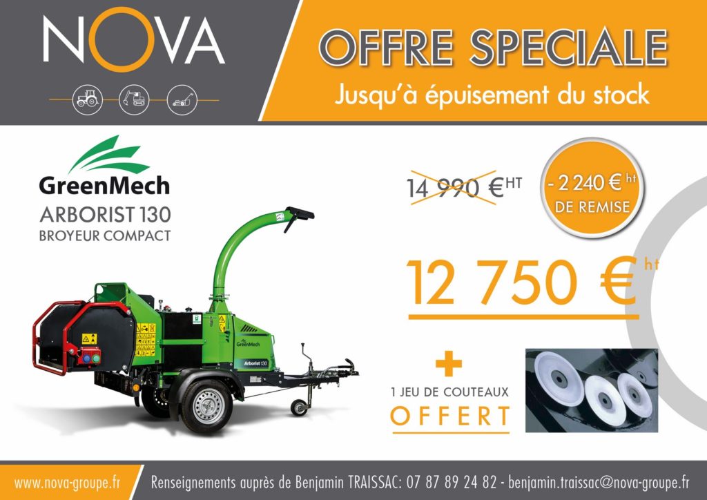 Promotion Offre speciale Chez nova paca : broyeur branches et vegetaux arborist greenmech avec 2 240€ de remise et 1 jeu de couteaux offert! jusqu'à épuisement du stock