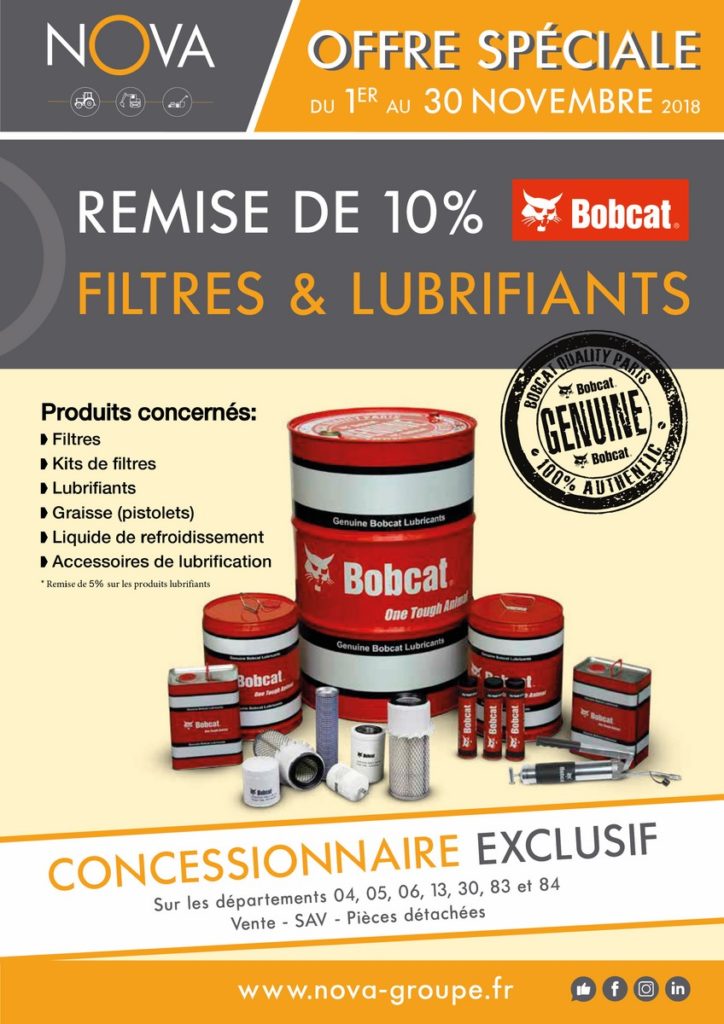 promotion remise 10 pourcent sur filtres et lubrifiants bobcat chez nova paca