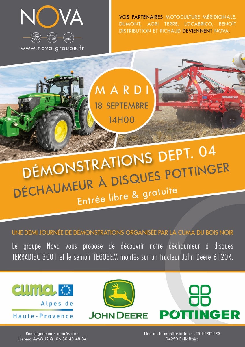 Démonstration déchaumeur à disques POTTINGER le mardi 18 septembre à partir de 14h00 à Bellaffaire 04250