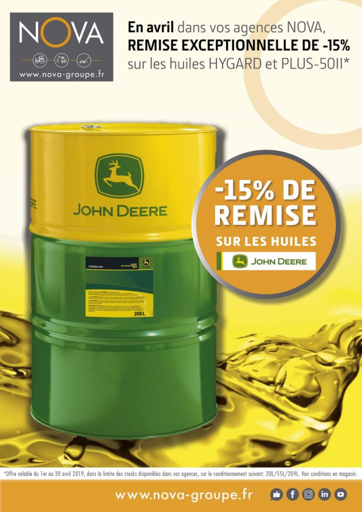 JD HUILE PROMO AVRIL 2019 (NOVA) remise 15% sur huile JD HYGARD 20L 55L 209L PLUS 50 II 20L 55L 209L