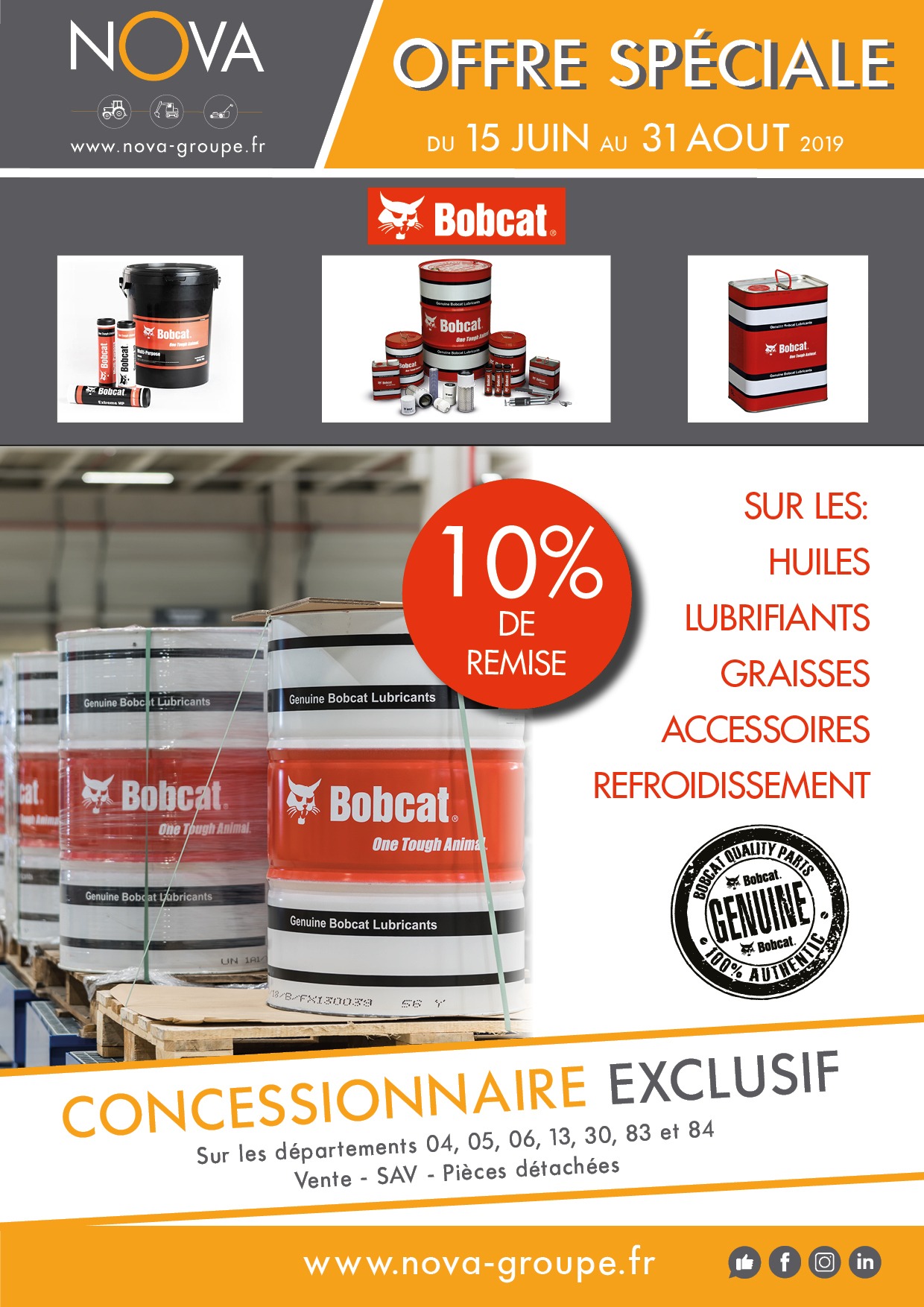 - 10% de remise sur les huiles, les lubrifiants, les graisses, les accessoires et le refroidissement Bobcat