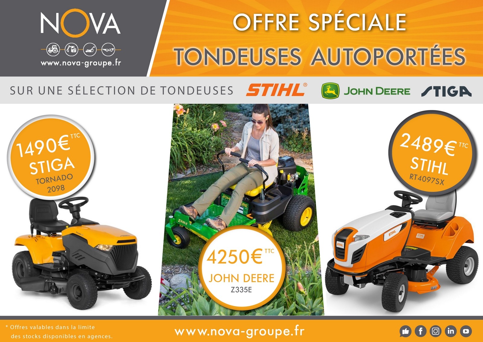 Promotion sur une sélection de tondeuses autoportées chez NOVA !