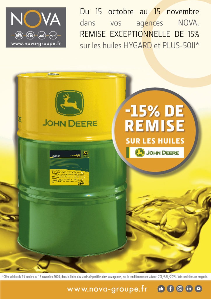 15 % de remise sur les huiles John Deere Hy-gard et Plus 50II 