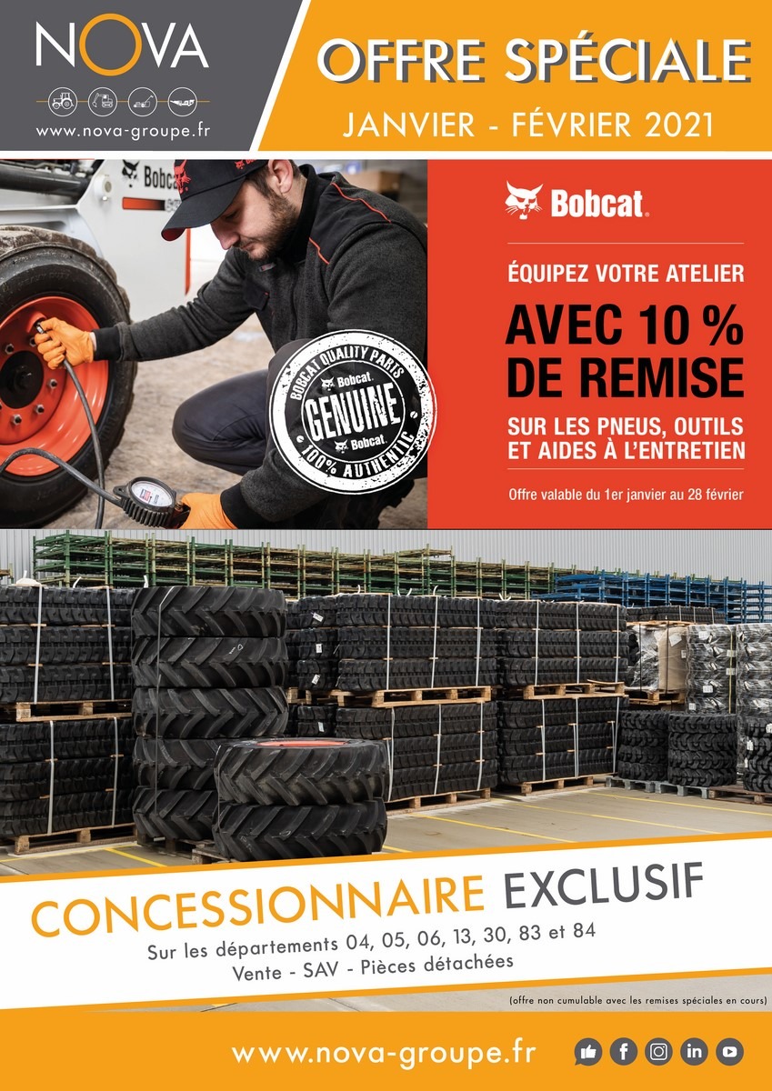 Promotion Offre de janvier à février 2021 : 10% de remise sur les pneus, outils et aide à l’entretien BOBCAT.