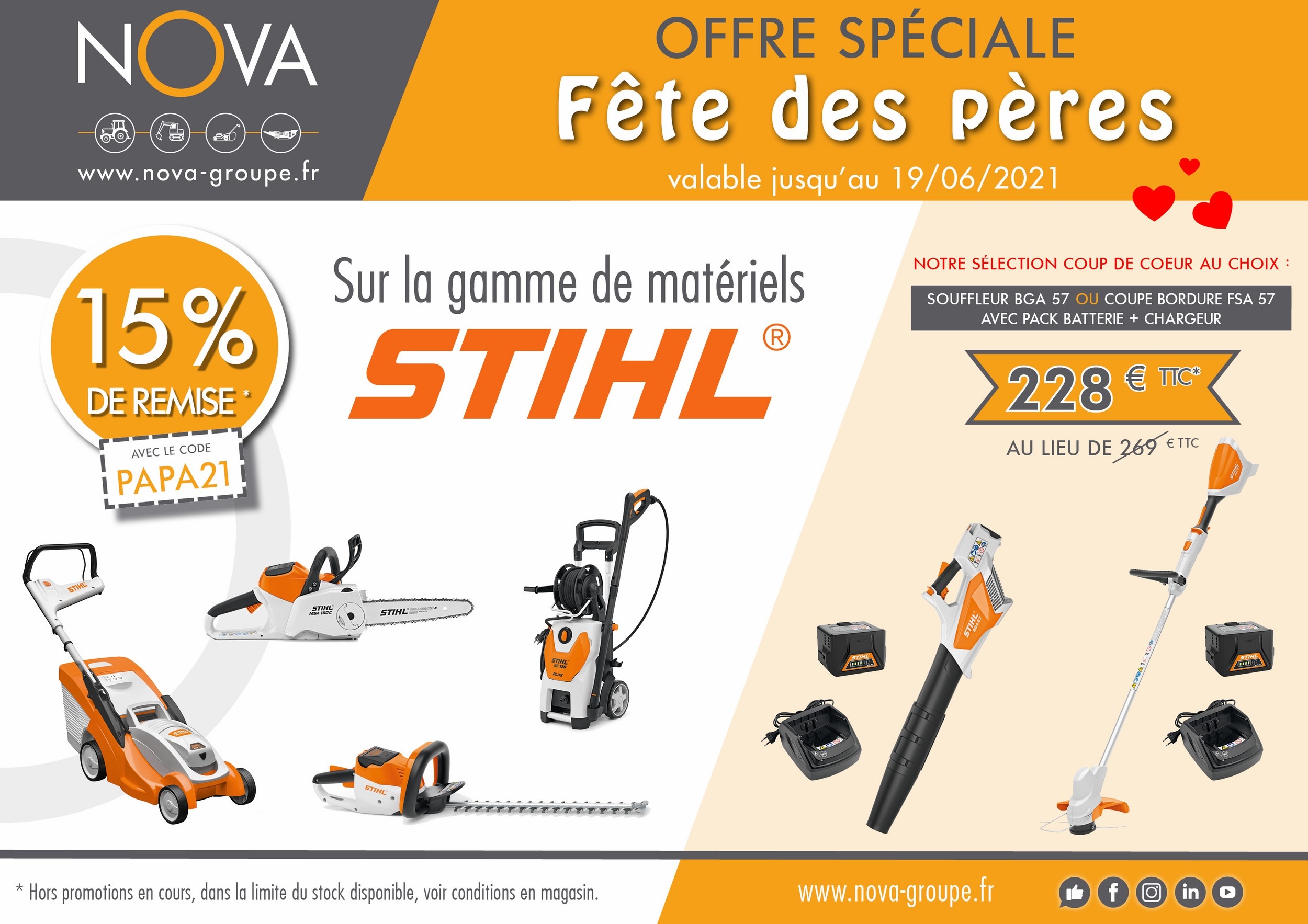 Fête des pères : trouvez le cadeau idéal chez NOVA! 15% de remise sur toute la gamme STIHL et 20% de remise sur les couteaux suisses FELCO