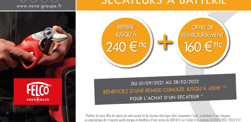 🚨 OFFRE SPECIALE SECATEURS FELCO ! 🚨 ▶️ 𝗝𝘂𝘀𝗾𝘂'𝗮̀ 𝟯𝟲𝟬€ 𝗱𝗲 𝗿𝗲𝗺𝗶𝘀𝗲 𝗰𝘂𝗺𝘂𝗹𝗲́𝗲 pour l'achat d'un sécateur Felco 802/812/822 avec kit batterie Compact ou Power+. 😍 ➡️ Reprise de votre ancien sécateur jusqu'à 200€ ➡️ Remboursement différé de 160€ Après remises : - FELCO 802 à partir de 995€ ht - FELCO 812 à partir de 1035€ ht - FELCO 822 à partir de 1145€ ht ⏳ Offre valable jusqu'à épuisement du stock jusqu'au 28/02/2022. 📍 A découvrir dans nos agences : https://www.nova-groupe.fr/fr/nos-agences