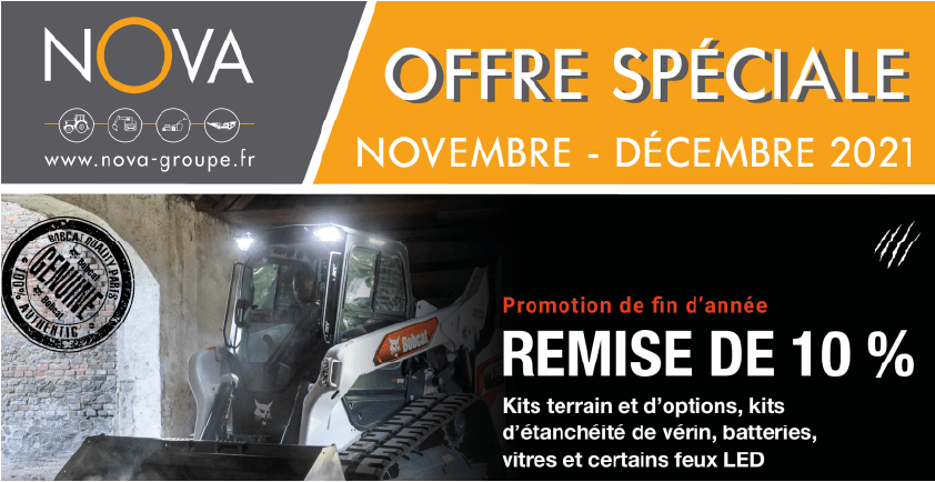 10% de remise sur les kits terrain et d’options, les kits d’étanchéité de vérin, les batteries, les vitres et certains feux LED et kits de feux LED BOBCAT