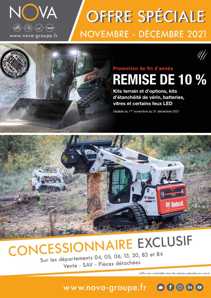 10% de remise sur les kits terrain et d’options, les kits d’étanchéité de vérin, les batteries, les vitres et certains feux LED et kits de feux LED BOBCAT