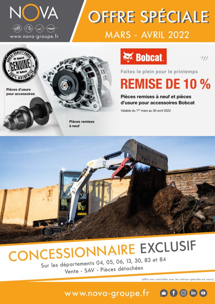 🚨 >>> OFFRE SPÉCIALE BOBCAT <<< 🚨 👉 Du 1er mars au 31 avril 2022, bénéficiez d'une 𝗿𝗲𝗺𝗶𝘀𝗲 𝗱𝗲 𝟭𝟬% 𝘀𝘂𝗿 les pièces d'usures pour accessoires (taillants de scie de roche, bords d'ataque, brosses anneau, dents de godet, outils pour marteau) et sur les pièces remises à neuf !