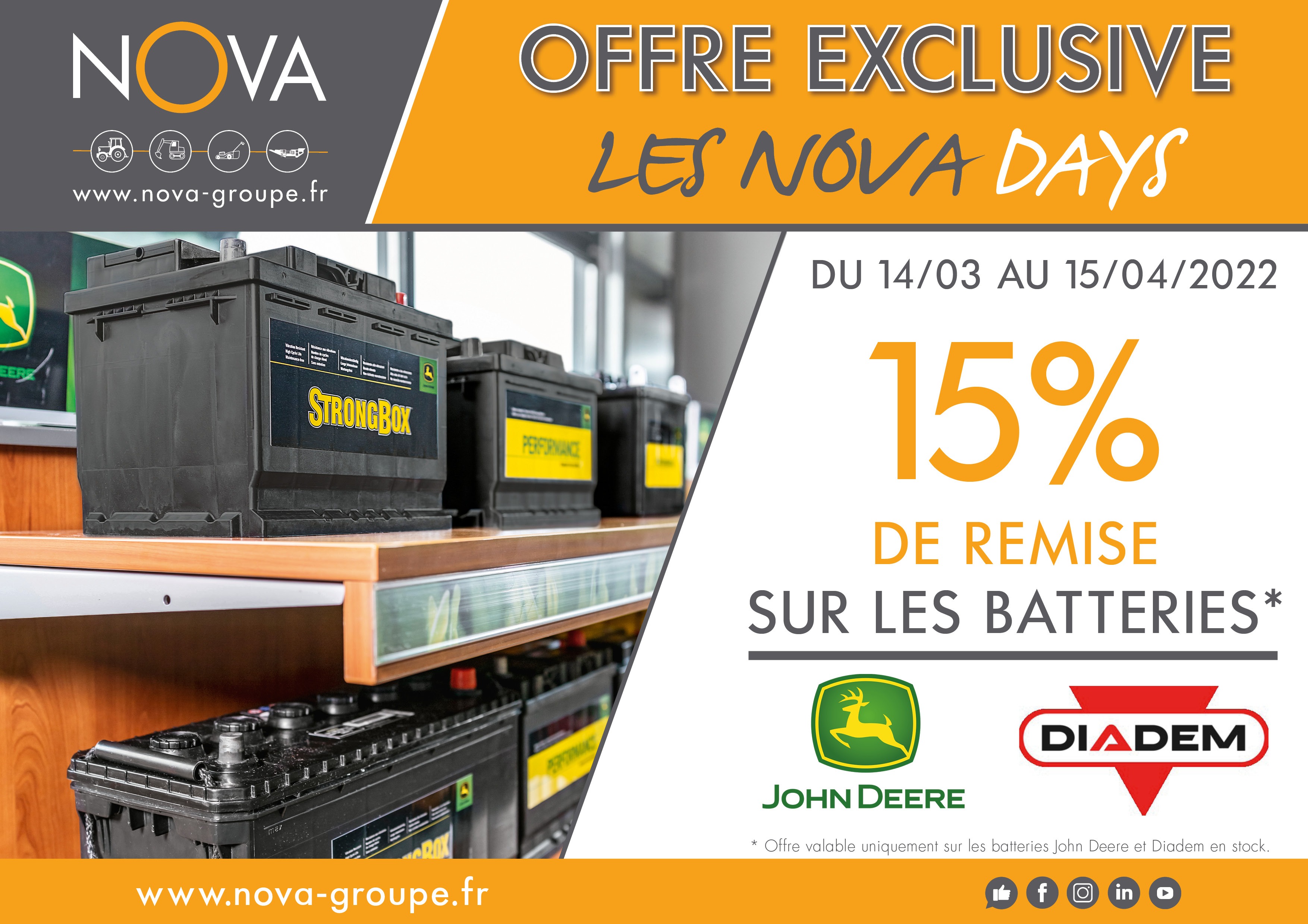 OFFRE EXCLUSIVE : 15% de remise sur les batteries John Deere et Diadem chez NOVA !