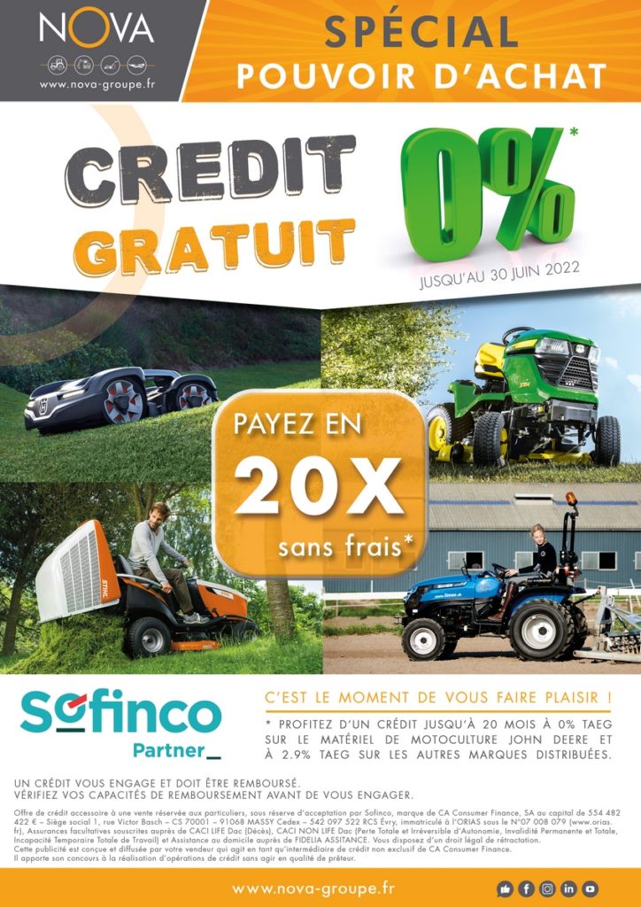 special pouvoir achat credit gratuit nova sofinco tondeuse john deere stihl husqvarna pellenc tracteur solis 2022