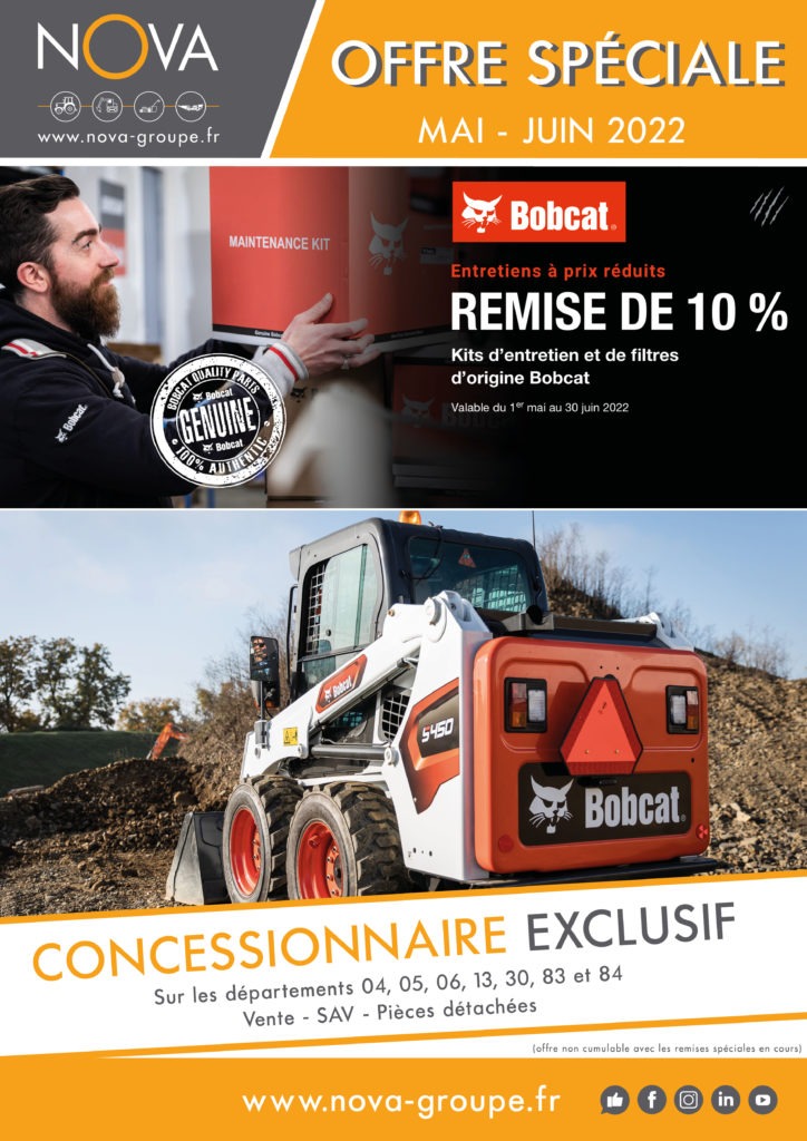  Promotion BOBCAT : du 1er mai au 30 juin 2022, profitez de 10 % de remise sur les kits d'entretien et de filtres d'origine Bobcat