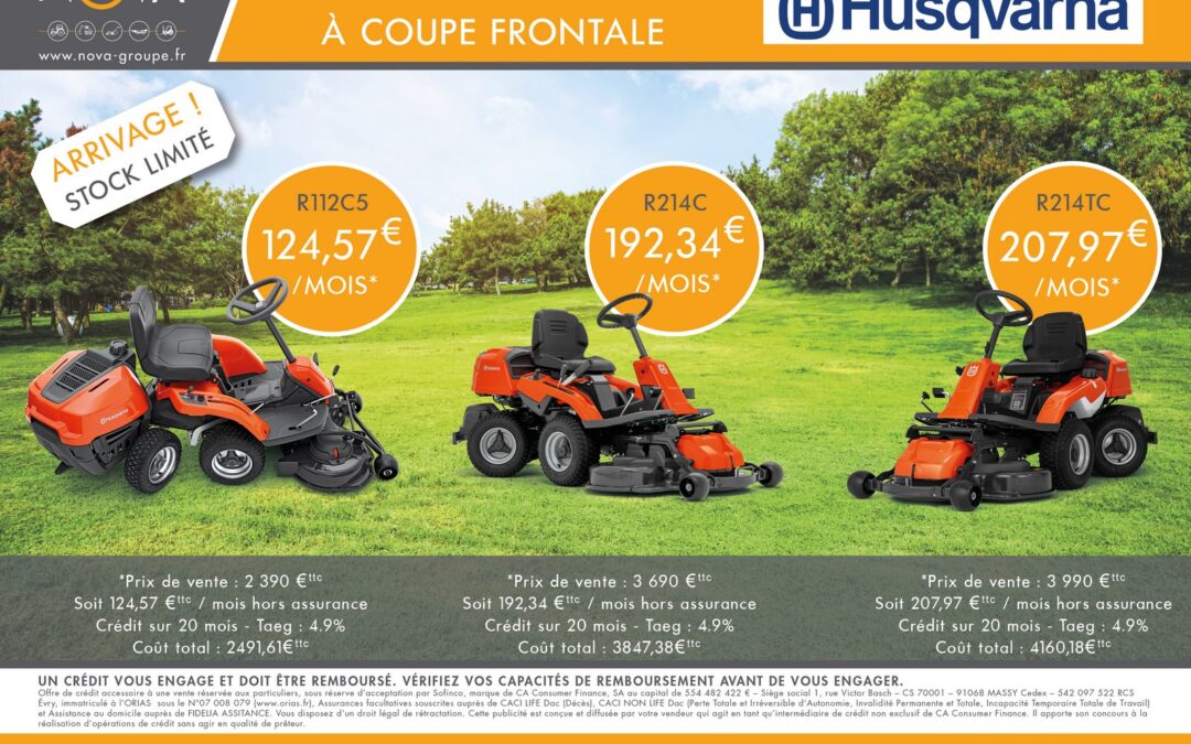 Arrivage en cours de tondeuses autoportées et à coupe frontale Husqvarna avec financement sur 20 mois ! STOCK LIMITÉ 🚨