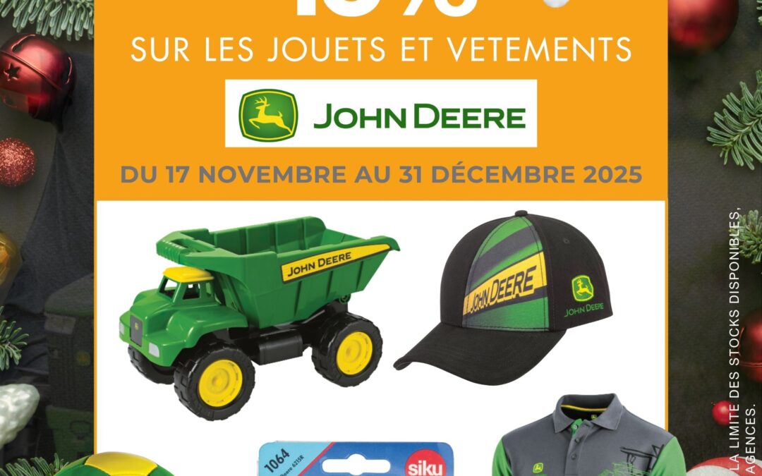 𝟏𝟓% 𝐝𝐞 𝐫𝐞𝐦𝐢𝐬𝐞 sur une sélection de jouets et vêtements John Deere