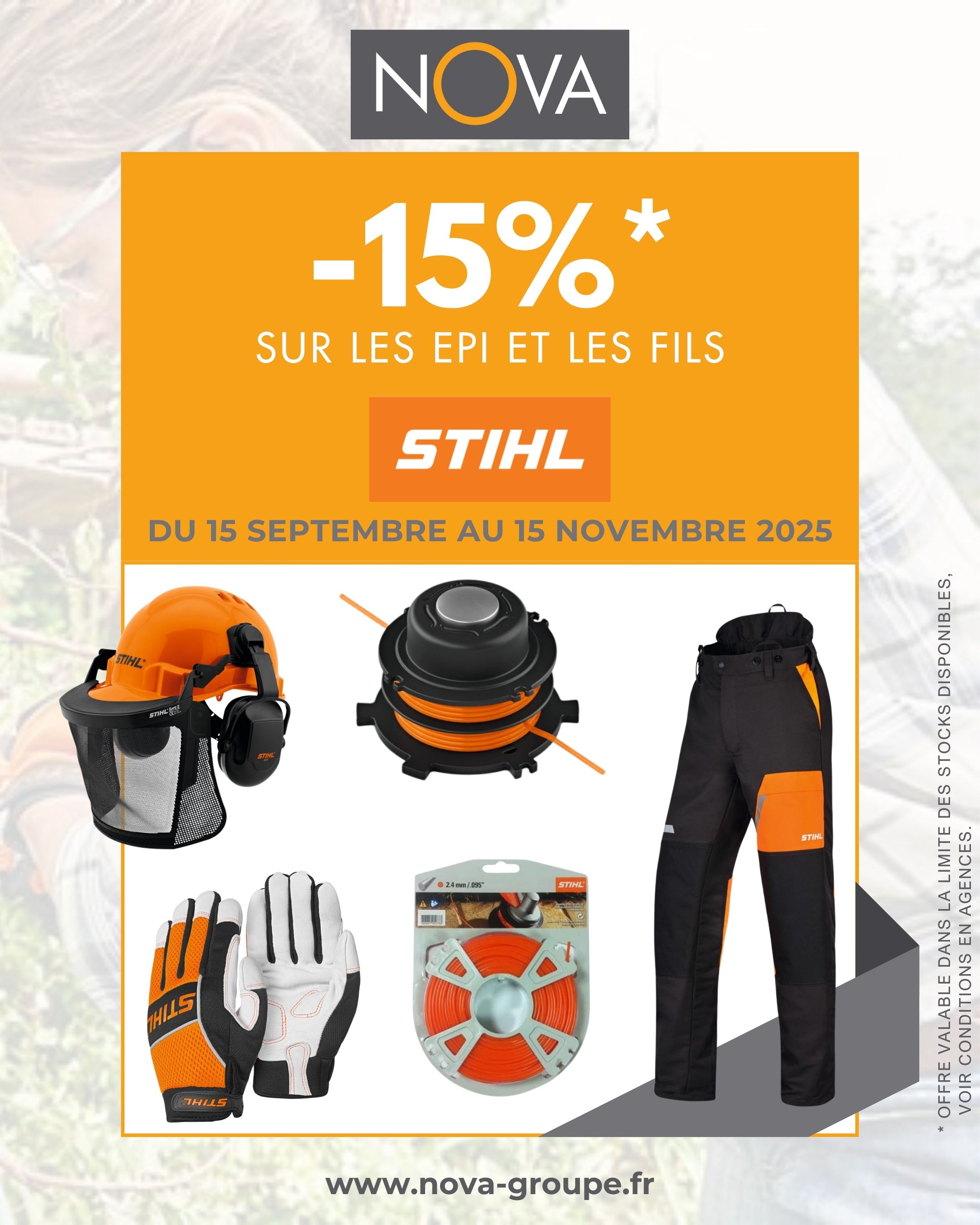 𝟏𝟓% 𝐝𝐞 𝐫𝐞𝐦𝐢𝐬𝐞 sur une sélection d’Équipements de Protection Individuelle (EPI), fils et guides-chaînes STIHL.