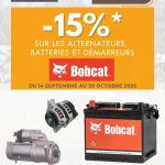 𝟏𝟓% 𝐝𝐞 𝐫𝐞𝐦𝐢𝐬𝐞 sur les pièces d’origine Bobcat : alternateurs, batteries et démarreurs