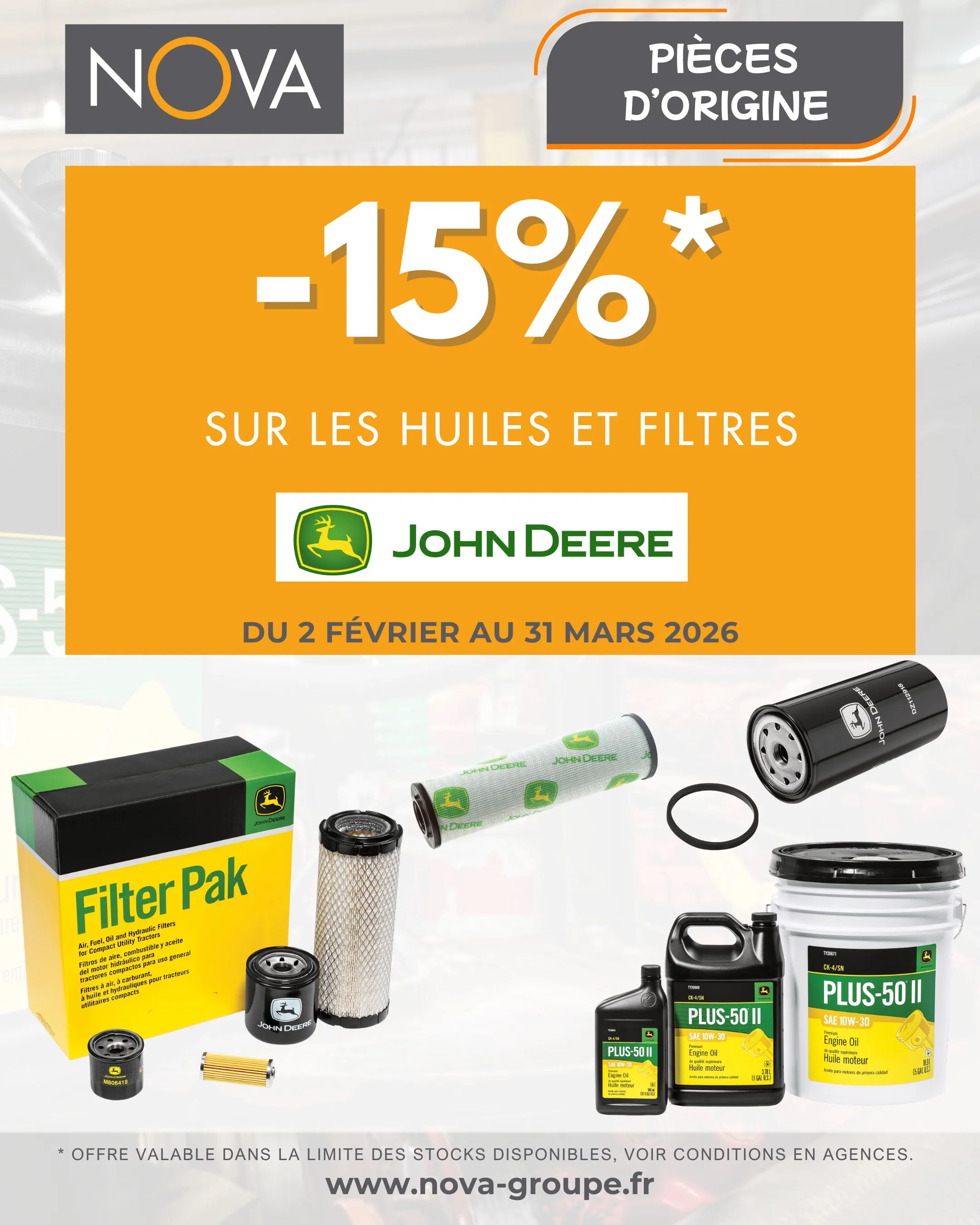𝟏𝟓% 𝐝𝐞 𝐫𝐞𝐦𝐢𝐬𝐞 sur les huiles et filtres John Deere 𝟏𝟓% 𝐝𝐞 𝐫𝐞𝐦𝐢𝐬𝐞 sur les huiles et filtres John Deere