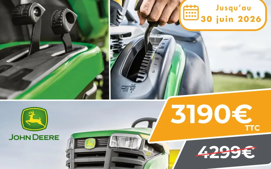 Promotion sur la tondeuse autoportée JOHN DEERE X107 à 3190 € TTC ! Stock limité